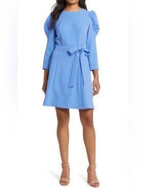 ELIZA J Aline Tie Waist Belt Dress with Tuck Sleeve in Periwinkle Blue sz 6 NEW
